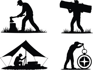 Obraz premium Outdoorsman Silhouettes: Chopping Wood, Carrying Logs, Setting Up Tent, Using Compass, Black And White