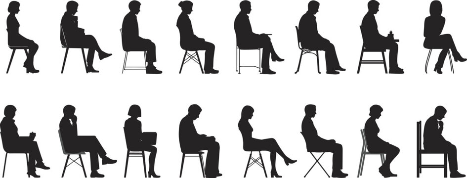 Silhouettes of people sitting on chairs, side view human poses, waiting, interview candidates, diverse characters isolated on white background
