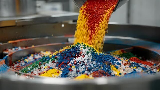 Medium shot capturing color masterbatch blending process with vibrant pigment powders being mixed into plastic pellets for customized production.
