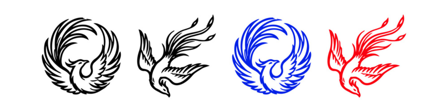 Set of stylized phoenix logo icons in black, blue, and red colors. Tribal bird silhouettes featuring circular and flying designs, perfect for emblems, tattoos, and graphic design elements.