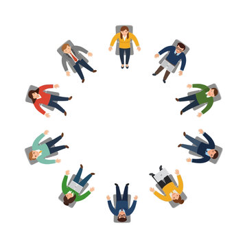 A group of people lying on gray chairs in a circle