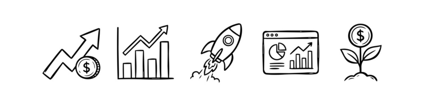 Set of hand-drawn business growth doodle icons including a rocket, financial charts, and a money plant, representing startup success, investment, and progress in a minimalist sketch style.