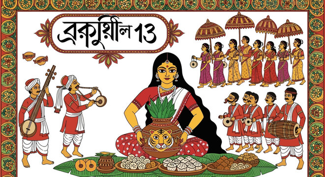 Bengali patachitra art of woman with musicians and dancers isolated on transparent background