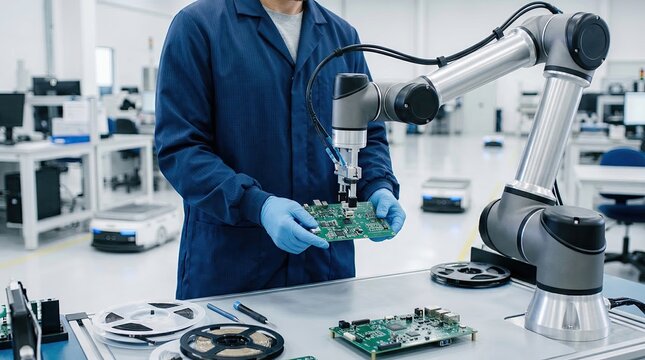High tech electronics assembly with robotic arm and professional technician, precision engineering of circuit boards in modern semiconductor factory and automated production line