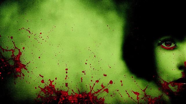 Spooky woman with green skin and disturbing red blood splatter on face