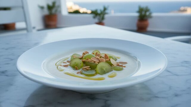 Traditional Spanish Ajo Blanco cold almond and garlic soup garnished with fresh green grapes and toasted almond slivers. Authentic Andalusian appetizer. Gastronomy and fine dining food                