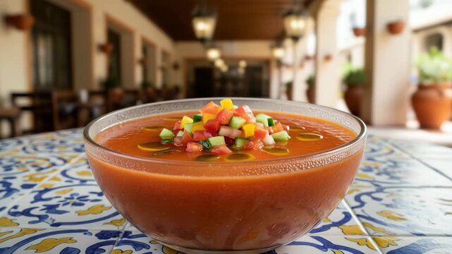 Chilled bowl of authentic Gazpacho Andaluz topped with fresh diced vegetables and olive oil on a traditional tiled table. Classic refreshing Spanish cold soup