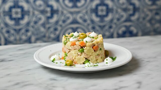 Traditional Spanish Ensaladilla Rusa potato salad with tuna, peas, carrots, and mayonnaise, plated elegantly. Authentic Mediterranean tapas appetizer. 