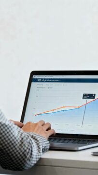 Vertical video: Clicking point, checked-shirt man showing tooltip on laptop at desk, checking data