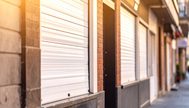 Row of Closed Storefronts with White Metal Security Roller Shutters and Brick Facade 