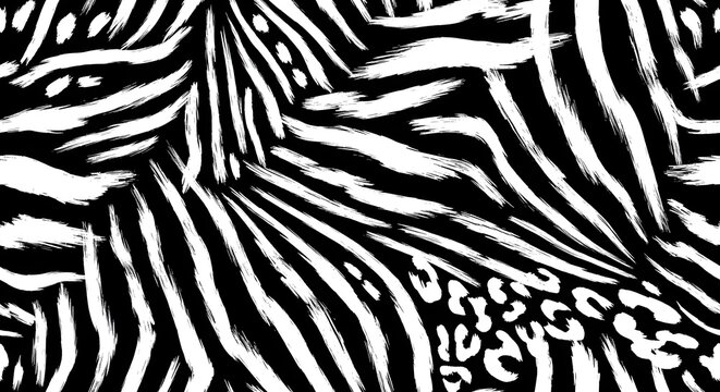 Artistic zebra stripes and leopard skin mix. High contrast monochrome jungle animal pattern. Abstract brush painted wild safari texture for apparel design