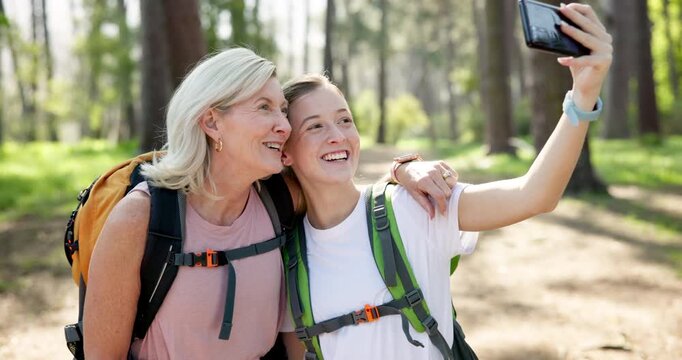 Outdoor, women and happy with selfie for hiking, document memory and profile picture for social media. Nature, senior mom and adult daughter with photography for bonding together, smile and fitness