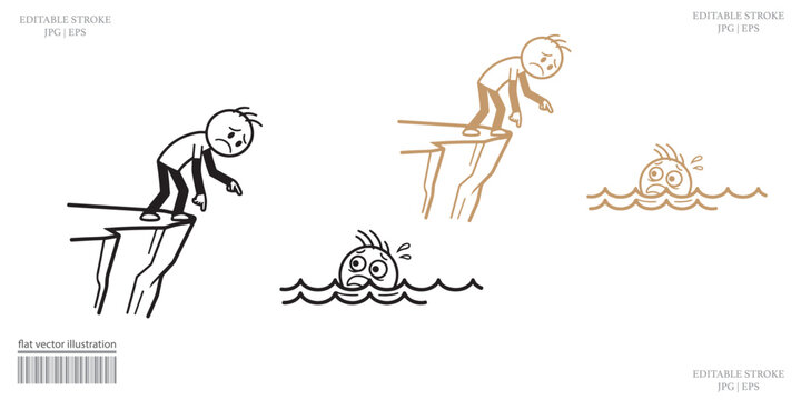 Frustrated cartoon stick figure leaping diving board rage splash water vector art
