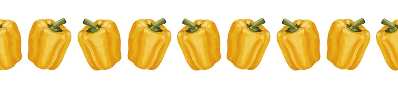 Watercolor Yellow Bell Pepper Seamless Border with Whole Sweet Peppers, Fresh Organic Vegetable Pattern on White Background