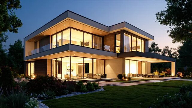 Modern Luxury Home with Illuminated Interior and Glass Facade