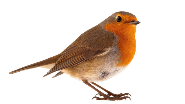 Close-up shot of a small European robin bird with orange-red breast looking right