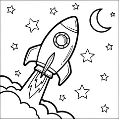 Fototapeta premium Black and white rocket ship illustration with stars and moon