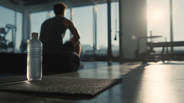Gym hydration scene with water bottle on exercise mat and athlete in background for fitness, wellness poster and workout program design