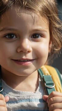 Vertical video: Smiling pre-K child noticing camera at park holding green straps and yellow jacket