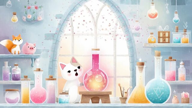?Cute cat chemistry: magical potion mixing adventure in enchanted lab