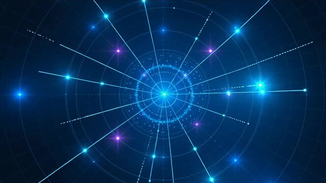 Radar scanning interface with rotating lines and glowing elements on dark background. Futuristic technology and data scanning concept.