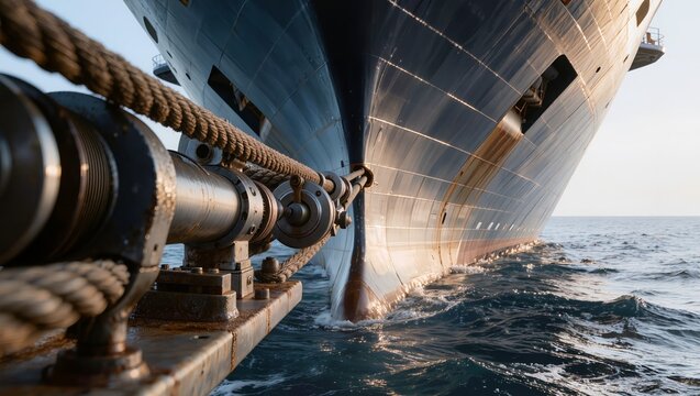 Close-up of ship bow with mooring ropes secured on deck and leading to a tugboat. Rust marks and waves highlight towing operations and maritime handling at sea