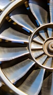 Vertical video: Engaging power, turbofan fan face rotating in nacelle inlet, showing blades and hub