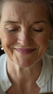 Vertical video: Opening worn leather-bound book, senior woman reading aloud and smiling at home