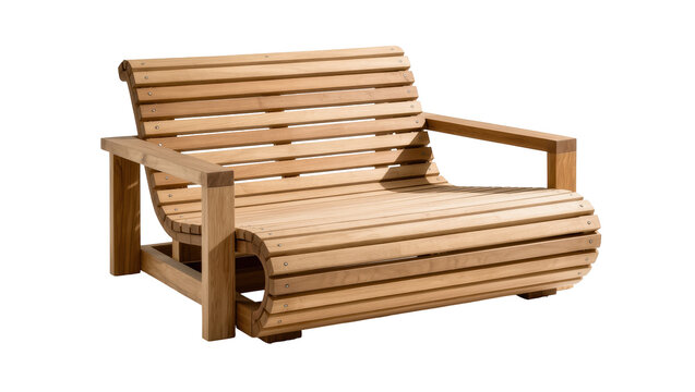 Modern slatted wooden garden bench with curved design, perfect for outdoor relaxation