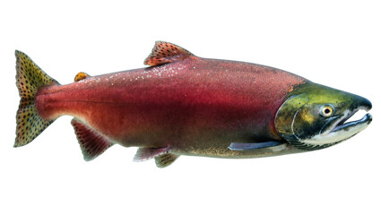 Vibrant wild Sockeye Salmon showcasing stunning red body and green head spawning colors © Paula