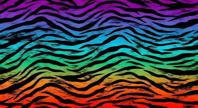 Rainbow zebra stripe pattern with horizontal color gradient. Vibrant fashion textile and animal skin texture. Seamless wild safari background for creative printing and web design.