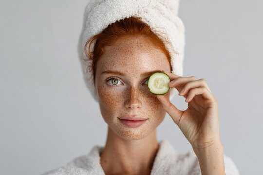 Caucasian female young adult redhead with towel on head holding cucumber slice over eye skincare spa portrait freckles clear skin