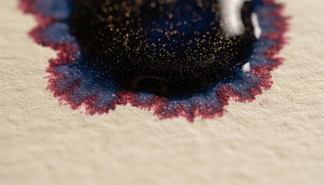 Wet fountain pen ink macro with metallic red sheen and gold glitter