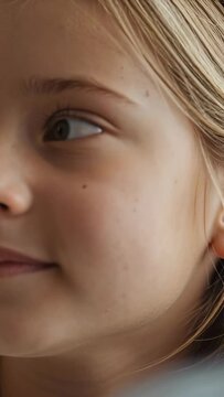 Vertical video: Hearing offstage voice, girl turning and gazing to find sound in room with blanket