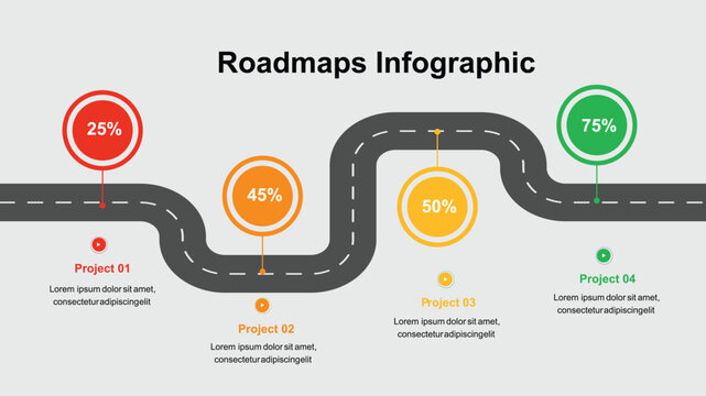 A roadmap infographic template with a winding road and colored markers