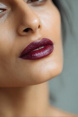 Fototapeta premium Female hispanic young adult lips closeup dark berry lipstick matte finish sensual makeup detail flawless skin elegant portrait vertical crop