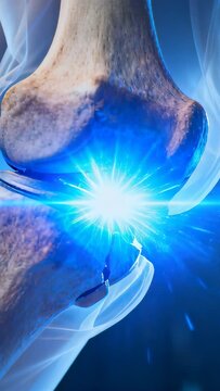 Vertical video: Knee touching bones in medical animation, sparking blue burst, ejecting particles