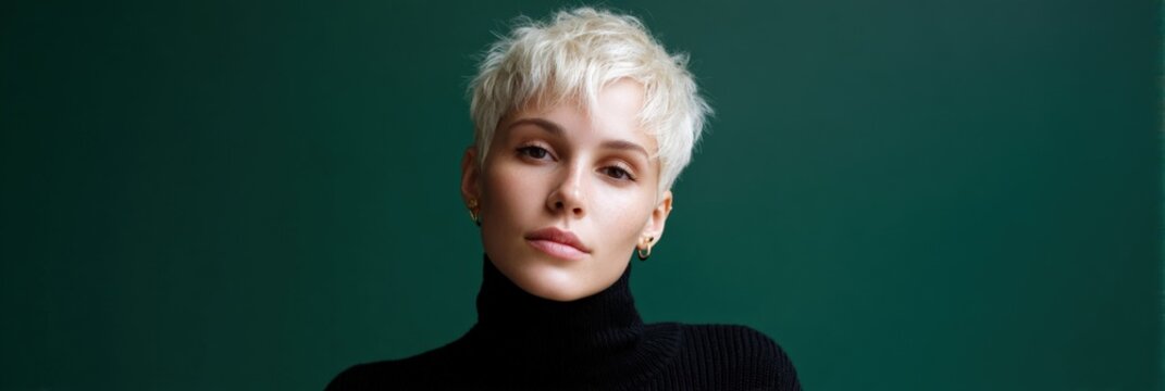 Young caucasian female portrait blonde short pixie haircut green background wearing black turtleneck confident gaze