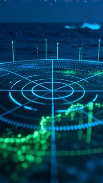 Vertical video: Shifting camera showing radar grid above sea, green trace mapping coast bars rising
