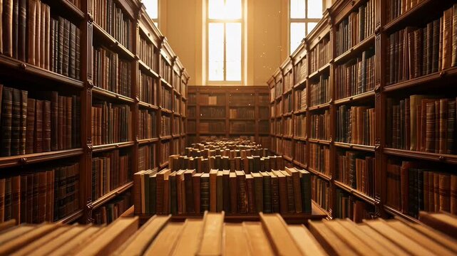 ?Exploring antique book aisles in a sunlit library: a journey through time
