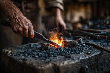 Fototapeta premium medieval forge with blacksmith shaping molten metal