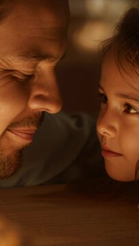 Vertical video: Smiling from nose touch, dad in blue shirt teasing girl at home by wood table