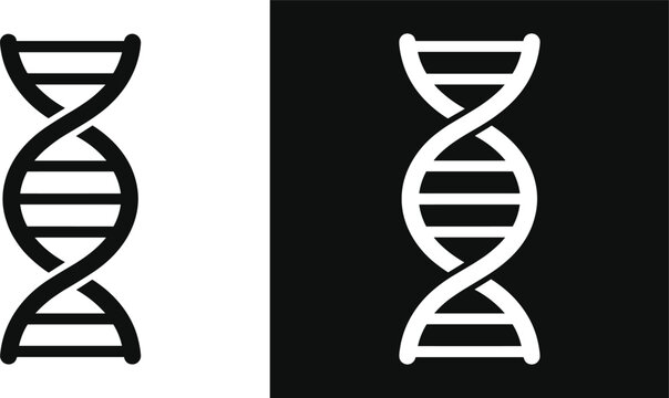 DNA double helix icons in black and white design, showing outlined and inverted styles, symbolizing genetics, biology, science, and molecular structure.