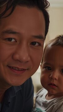 Vertical video: Leaning navy-shirt dad holding grey-tee toddler at home, posing for camera and mir