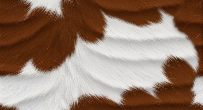 Realistic brown and white cow hide fur texture. Rural farm animal skin and rustic home decor concept. Soft cattle hair pattern for natural textile background.