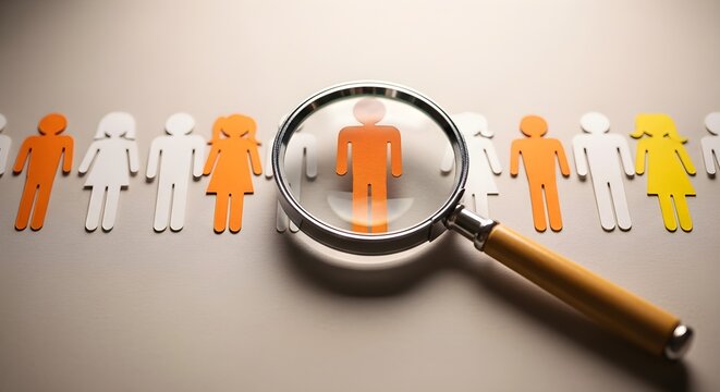 Magnifying glass focusing on an orange silhouette figure in a line of white figures, representing recruitment or selection