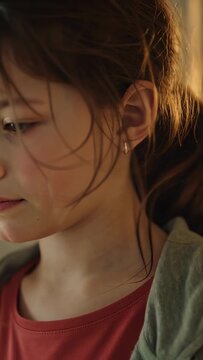Vertical video: Noticing offscreen stimulus girl looking right and tracking point at home, red top