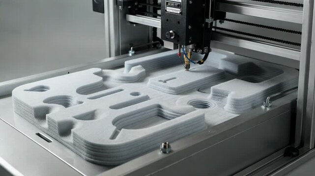 Medium shot of specialty cushion foam mold creation using advanced 3D printing highlighting precision and versatility in custom insert fabrication.