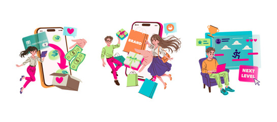Fototapeta premium E-commerce Shopping and Gamification Vector Illustration