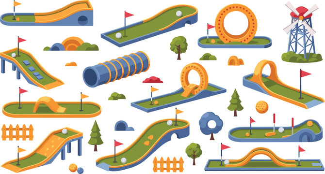 Mini Golf Course Elements Set with Obstacles, Loops, Ramps, Windmill and Creative Putting Greens Sports Game Vector Illustration